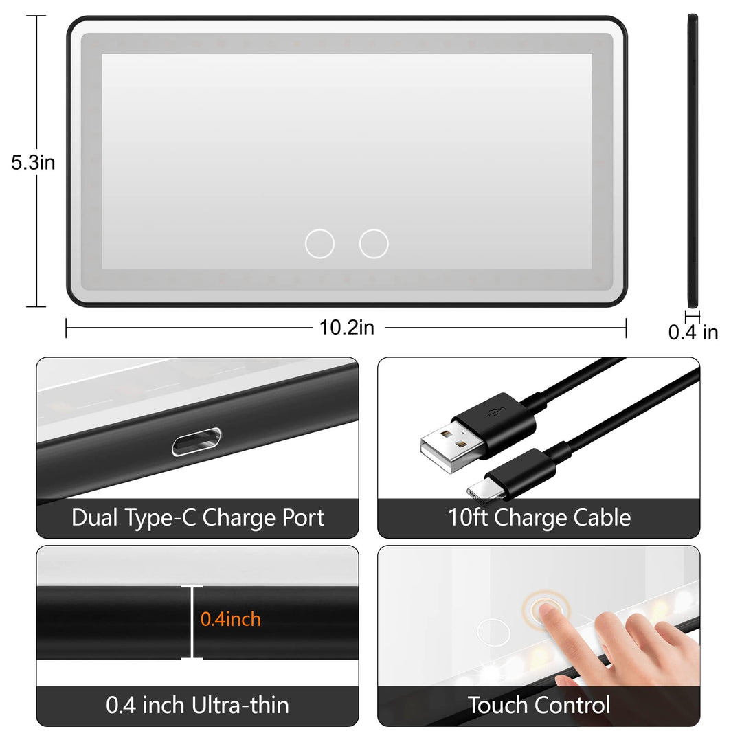 Car Sun Visor Vanity Mirror Rechargeable with 3 Light Modes & 60 LEDs for Car Truck SUV Rear View with Dimmable Touch Screen,Car Mirror as A Gifts for Women Valentine's Day (Black)