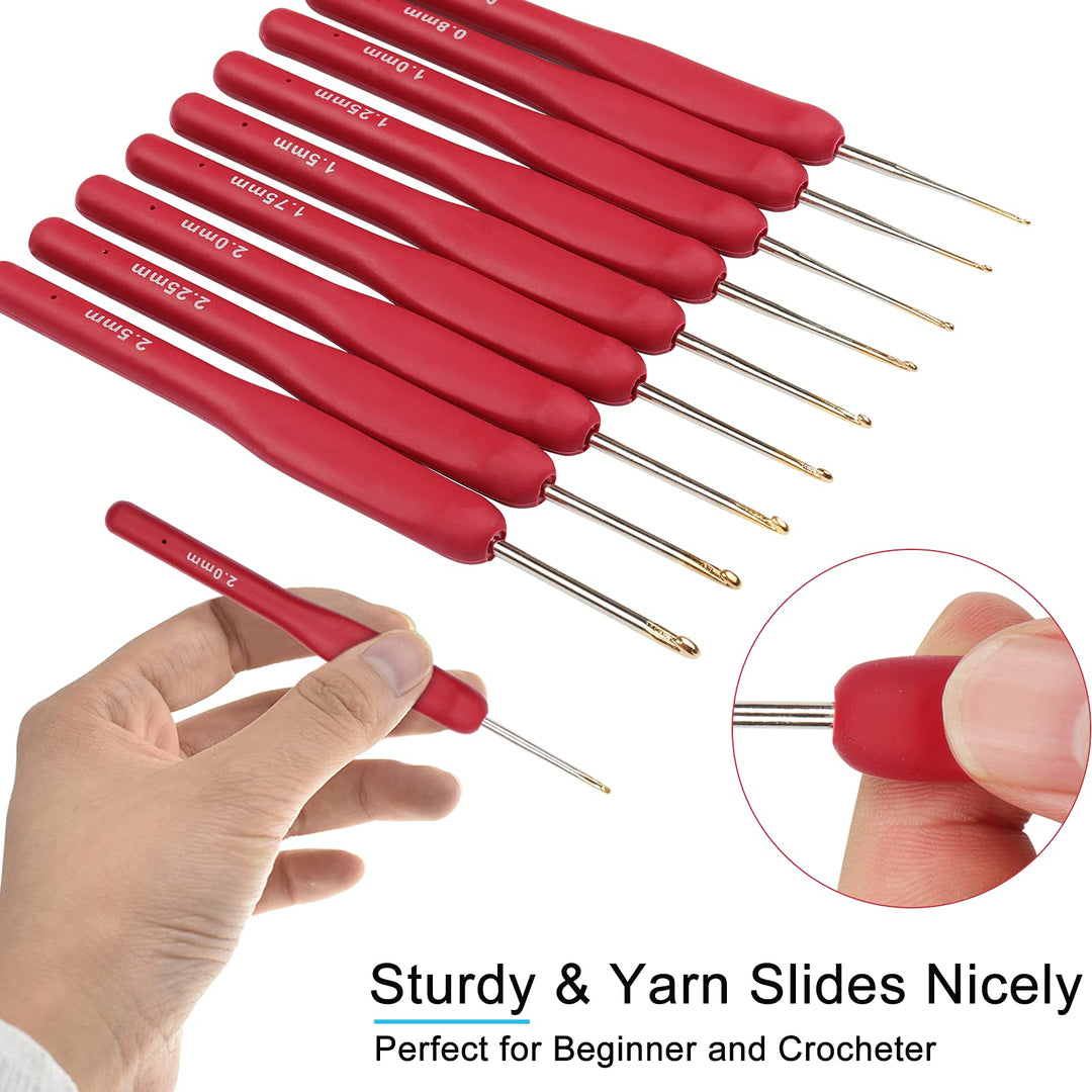 9pcs Lace Crochet Hooks Steel Crochet Needles for Crocheting, 0.5mm to 2.5mm Crochet Hook Set, Small Size Crochet Hooks Ergonomic Soft Grips for Arthritic Hands, Perfect for Lacework Fine Yarns