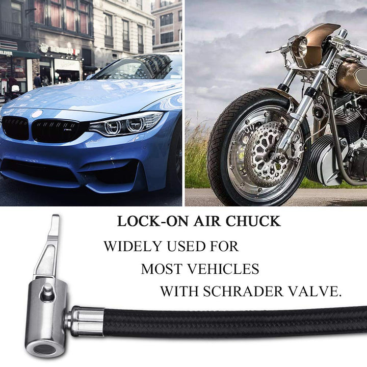 Tire Inflator Hose Adapter for Twist On Convert to Lock On Connection, with All Metal Lock On Air Chuck and Air Hose and Tire Schrader Valve Fine Thread