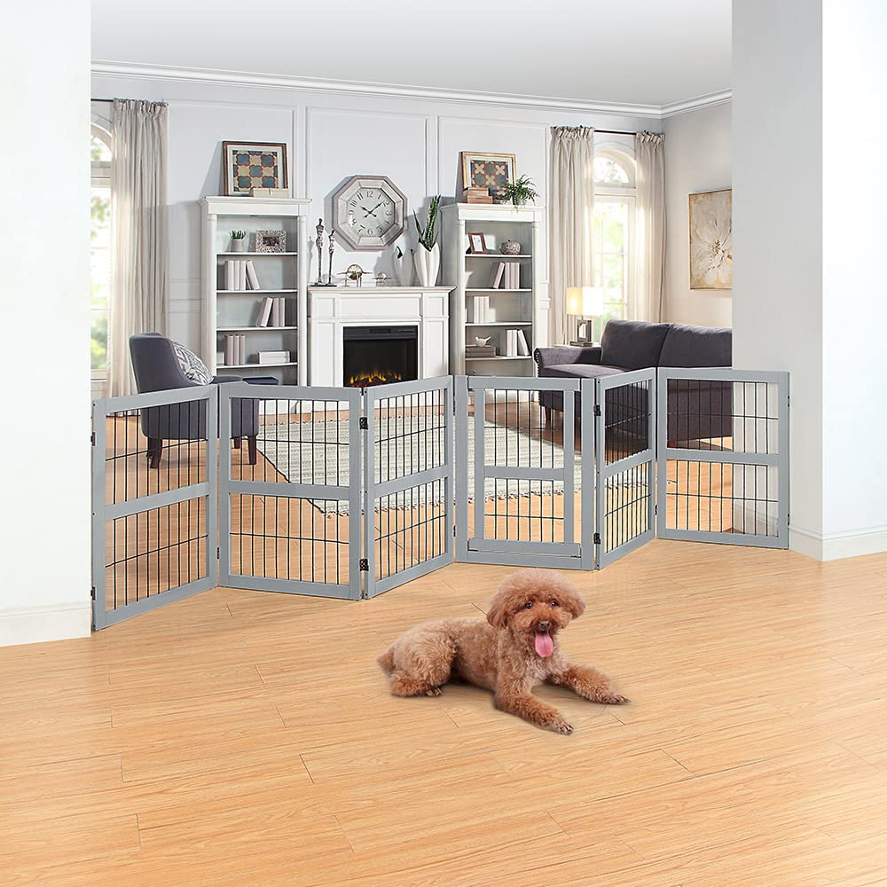 132 Extra Wide Dog Gate and Pet Playpen, Free Standing Tall Dog Fence with Walk Through Door, Dog Barriers for Home, Use as Indoor Dogs Cats Pen, Rabbit Pen, Grey