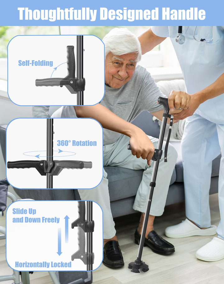 Folding Walking Cane with LED Light for Men and Women, 11 Heights Adjustable, Collapsible Elderly Walking Stick with Side Handle, Black