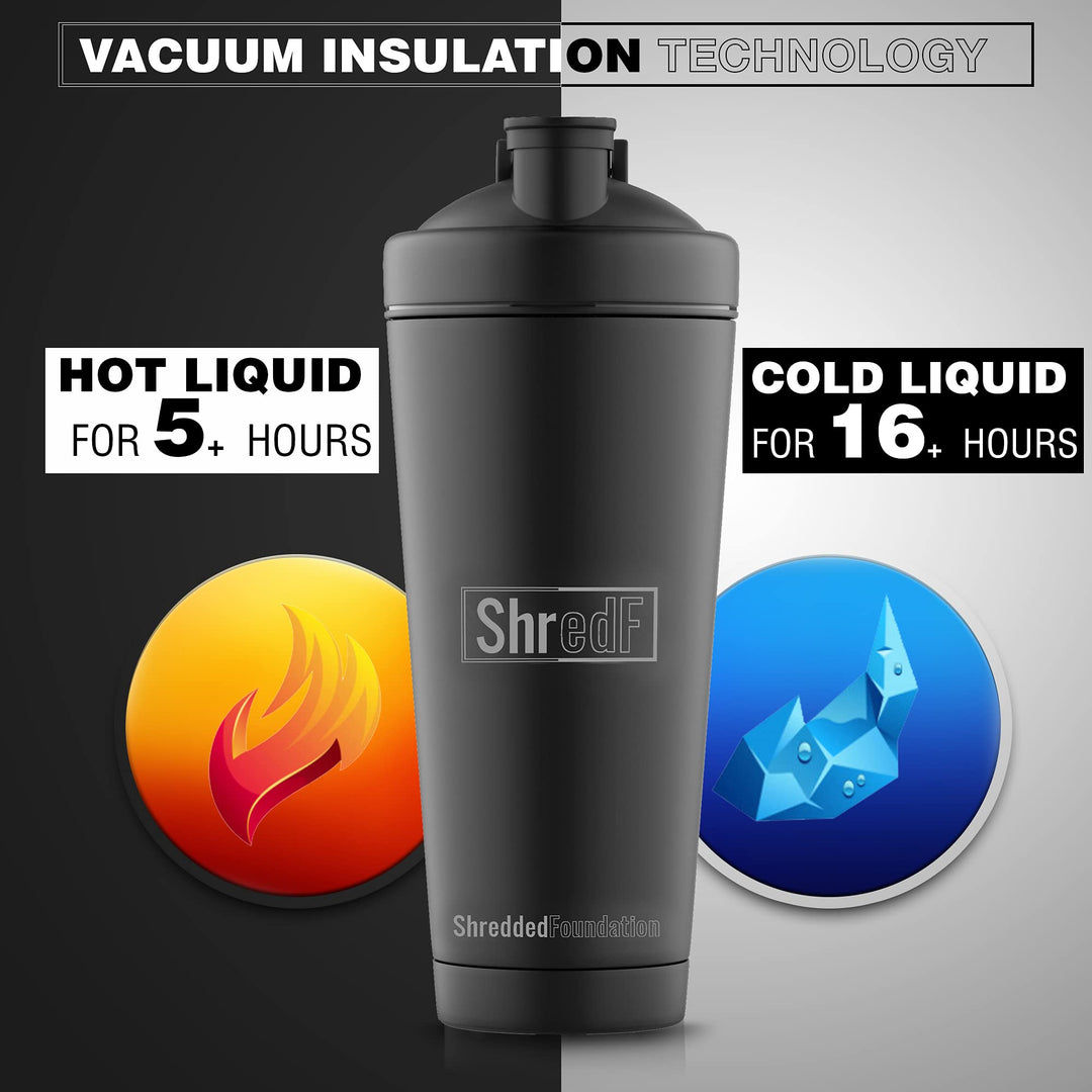 Premium Stainless Steel Shaker,Double Wall Vacuum Insulated Protein Shaker Bottle with Mixer Ball for Gym,Leakproof One-Click Lid,BPA-Free Metal Smoothie Cup for Hot & Cold Drinks,25oz (Matte Black)