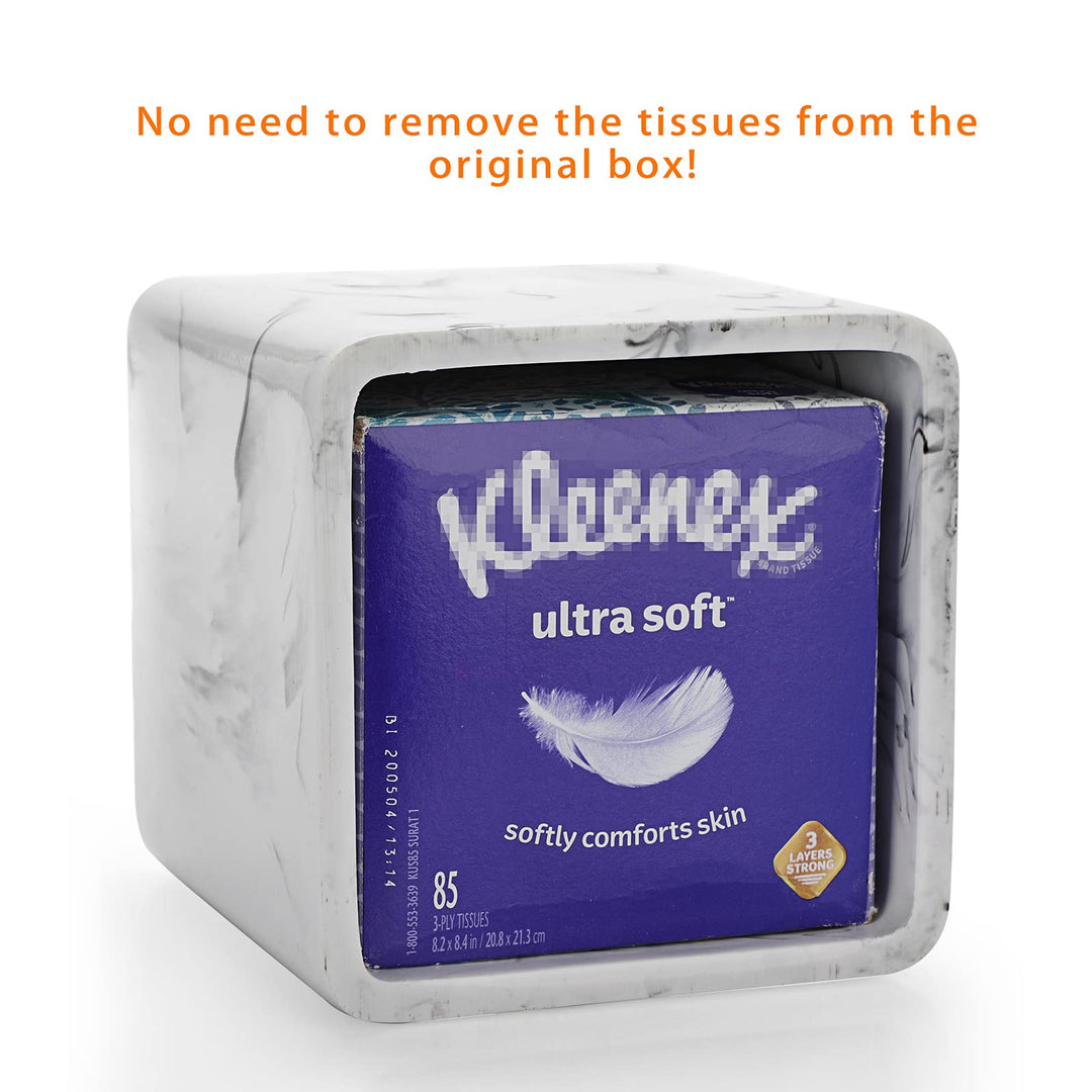Resin Square Tissue Box Cover - Stylish Cube Tissue Box Holder with Open Bottom, Decorative Tissue Holder for Bathroom Vainty Toilet Dresser Desk Table Kitchen Countertop, Marble White