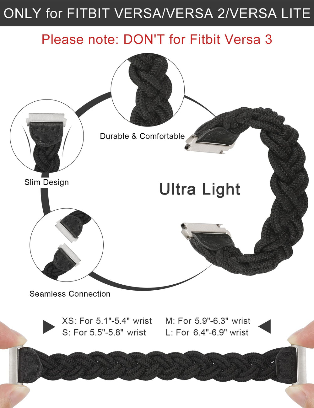 Compatible with Fitbit Versa 2/Versa/Versa Lite Bands for Women, Cute Elastic Braided Wristband Strap Stretchy Loop Bracelet Accessories for Fitbit Versa 2 Smart Watch (Black, S)