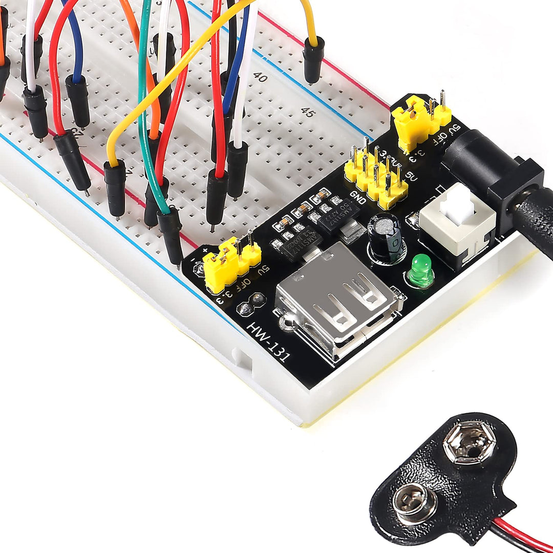 Breadboard Jumper Wire Kit with Power Supply Module and Battery Clip,1PCS 830 tie-Points Breadboard & 2PCS 400 tie-Points Breadboard & 65PCS Breadboard Jumper Wires(12/16/20/25cm)