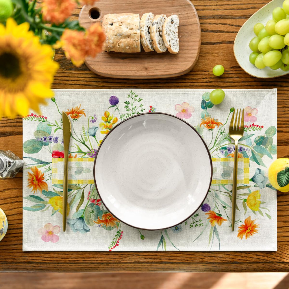 Wildflower Floral Eucalyptus Leaves Placemats for Dining Table, 12 x 18 Inch Spring Summer Seasonal Decoration Rustic Washable Table Mats Set of 4 Green