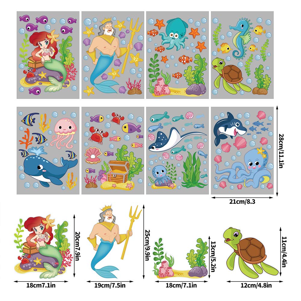 214PCS Ocean Themed Window Cling Stickers,Mermaid Sea Life Fish Window Decals for Kids Party Bathroom Decoration
