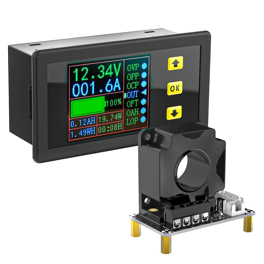 Charge-Discharge Monitor, 0-90V 100A DC Ammeter Voltmeter, Battery Capacity Amp-Hour Watt-Hour Power Time Multimeter, LCD Display Digital Voltage Current AH WH Watt Meter Tester with Hall Se