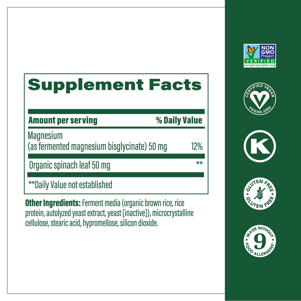 Magnesium - Supports heart & nervous system - Magnesium Supplement with fermented Magnesium Glycinate - Vegan, Gluten-Free, Non-GMO and Kosher - Made Without 9 Food Allergens - 60 Tabs