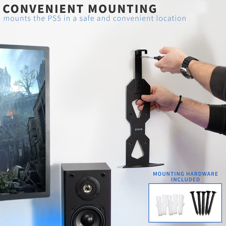 Steel Wall Mount Bracket Designed for PS5 Gaming Console, Vertical Display for PlayStation 5, Open Design, 2 Controller Mounts, Black, MOUNT-PS5B