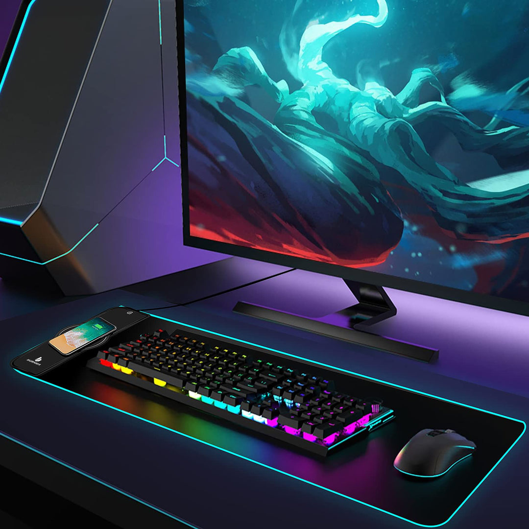 Mouse Pad,Wireless Mouse Pad Charging,Large Mouse Pad,Mouse Pad Wireless Charging for PC Keyboard Gaming Home&Office,10 Lighting Modes,Support Mobile Phone Devices,Desk Accessories,31.5X11.8