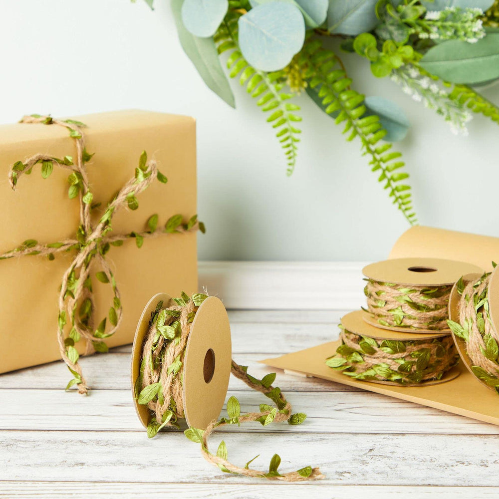 Burlap Leaf Ribbon - Jungle, Safari & Fairy Party, Enchanted Forest Decor, Vines for Crafts (4 Rolls, 65.6 Ft Total)