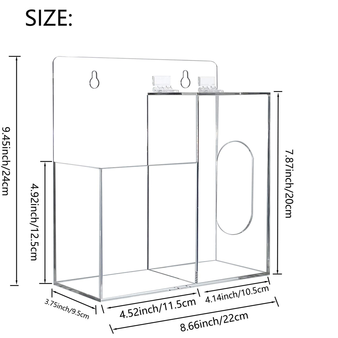 Acrylic Mask Dispenser & Hand Sanitizer Holder Stand Wall Mount or Countertop, Hygiene Station with Double Compartment Clear Box Dispenser for Face Masks, Gloves, Hairnets, Beard Cover, Bag