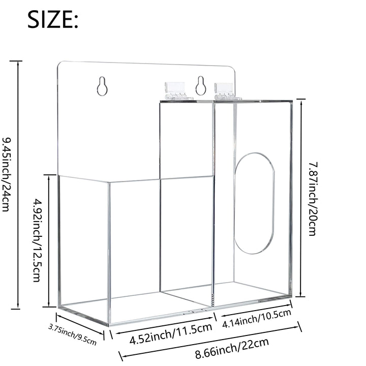 Acrylic Mask Dispenser & Hand Sanitizer Holder Stand Wall Mount or Countertop, Hygiene Station with Double Compartment Clear Box Dispenser for Face Masks, Gloves, Hairnets, Beard Cover, Bag