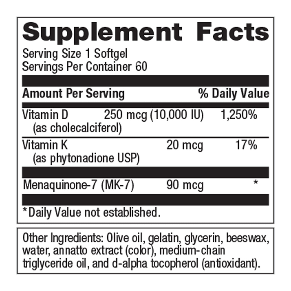 Vitamin D3 + K - for Immune Support, Bone Health & Heart Health* - Vitamin D with MK-7 (Vitamin K2) - Non-GMO - Gluten-Free - 60 Softgels - 10,000 IU