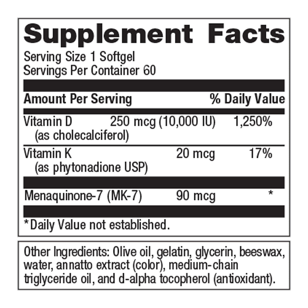 Vitamin D3 + K - for Immune Support, Bone Health & Heart Health* - Vitamin D with MK-7 (Vitamin K2) - Non-GMO - Gluten-Free - 60 Softgels - 10,000 IU