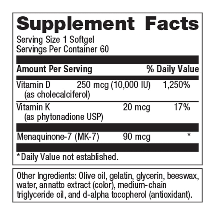 Vitamin D3 + K - for Immune Support, Bone Health & Heart Health* - Vitamin D with MK-7 (Vitamin K2) - Non-GMO - Gluten-Free - 60 Softgels - 10,000 IU