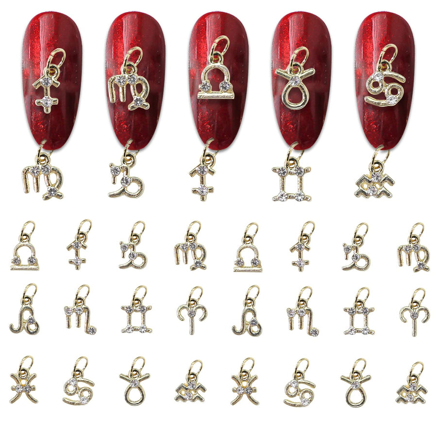 24pcs Gold Zodiac Dangle Nail Charms For Nail Art 3d Charms For Nails Alloy Nail Gems Rhinestones Gold Nail Charms Nail Jewelry For Acrylic Nails Zodiac Charms Nail Piercing Charms For Women