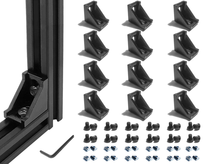 12 Sets 2020 Series Aluminum Extrusion Black Connectors,12pcs 2020 Extruded Aluminum Profile Corner Brackets,with 24pcs Sliding T Nuts and Screws, for Aluminum Extrusion Profile Slot 6mm