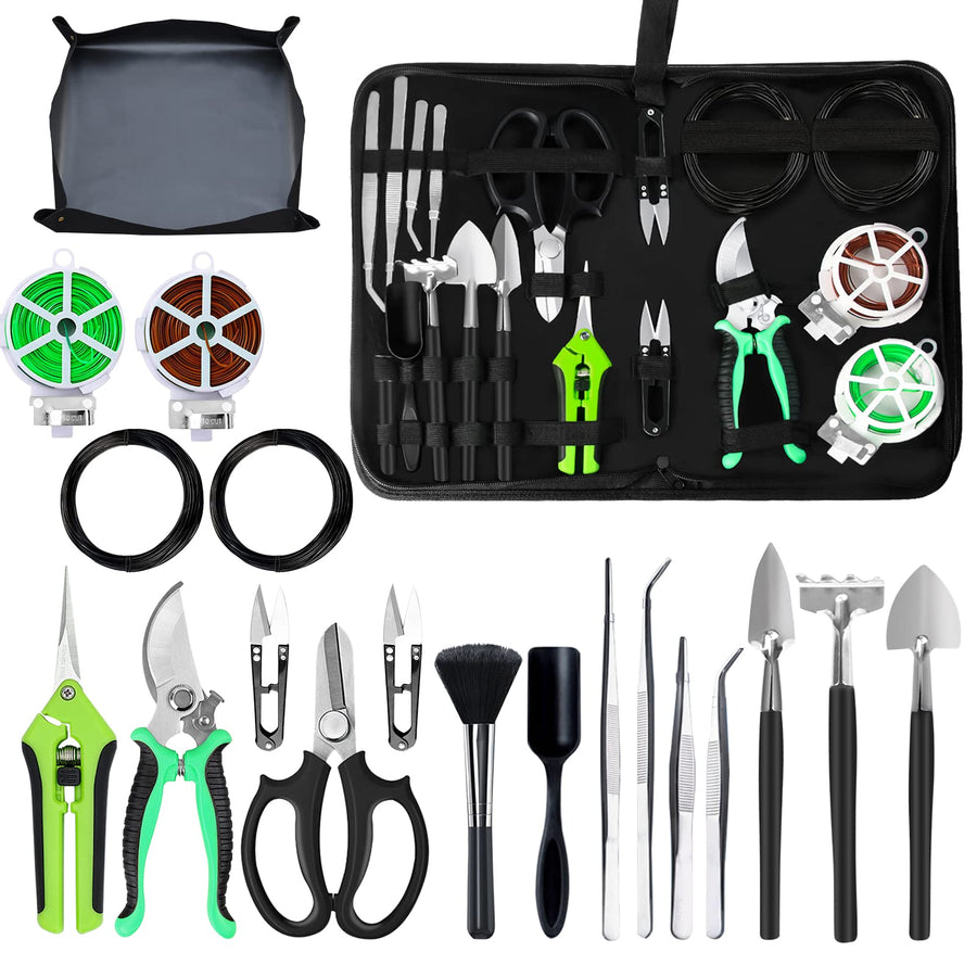 Bonsai Tree Kit, 20 Pcs Gardening Succulent Tools Set, Bonsai Tool Kit Include 262 Feet Bonsai Wire, 29.5x29.5 Plant Repotting Mat, Bonsai Scissors, Pruning Shears, Unique Gift for Indoor Gardening
