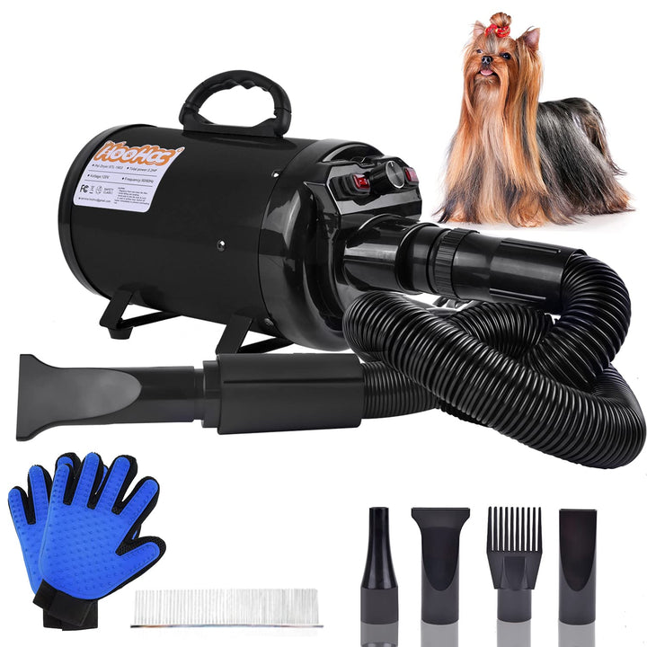 Dog Dryer, High Velocity Dog Hair Dryer, Dog Blow Dryer - Groomer Partner Pet Blower Grooming Force Dryer with Heater, Stepless Adjustable Speed, 4 Different Nozzles, Comb & Pet Grooming Glove (Black)