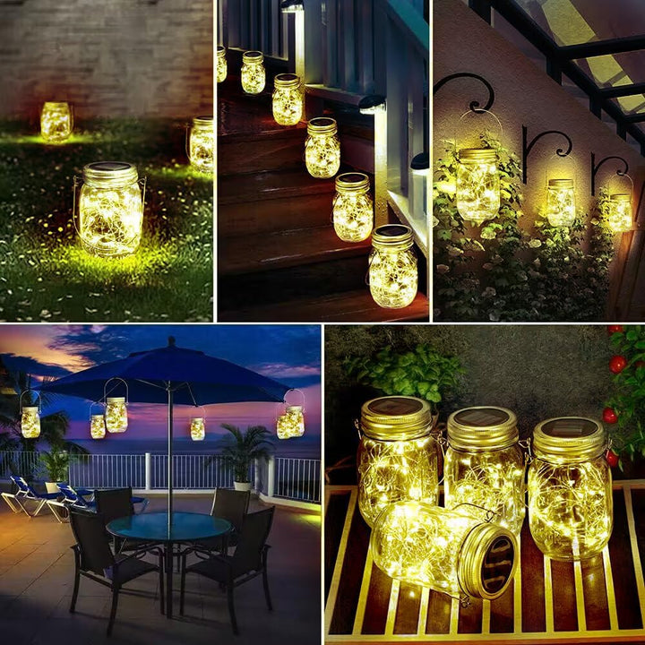 Upgraded Hanging Mason Jar Solar Lights, 6 Pack 30 LEDs Fairy Lights with Jars and Hangers, IPX6 Waterproof Hanging Solar Lights Outdoor, Solar Lanterns for Balcony Backyard Garden Fence Decor