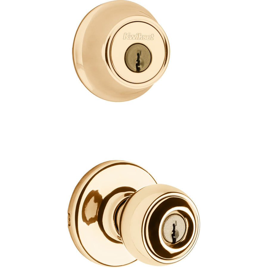 690 Polo Entry Knob and Single Cylinder Deadbolt Combo Pack in Polished Brass