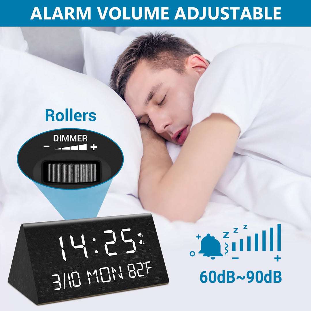 Wooden Digital Alarm Clock, 0-100% Dimmer, 2 Alarm Settings, Weekday/Everyday Mode, 9 Mins Snooze, 12/24H, Temperature and Date Display for Office, Travel, Bedroom Alarm Clock (Black)
