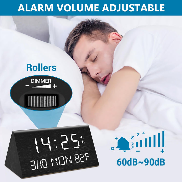 Wooden Digital Alarm Clock, 0-100% Dimmer, 2 Alarm Settings, Weekday/Everyday Mode, 9 Mins Snooze, 12/24H, Temperature and Date Display for Office, Travel, Bedroom Alarm Clock (Black)