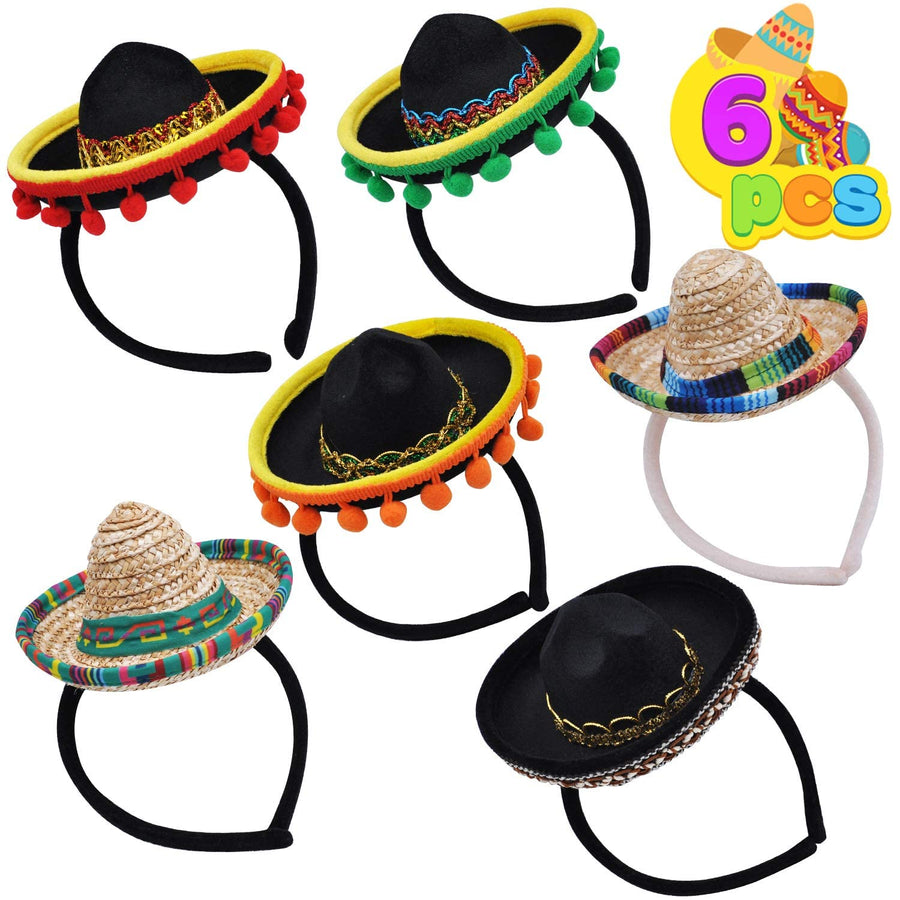 6 PCS Cinco De Mayo Fiesta Fabric and Straw Sombrero Headbands Party Costume for Fun Fiesta Hat Party Supplies, Luau Event Photo Props, Mexican Theme Decorations and Party Favors