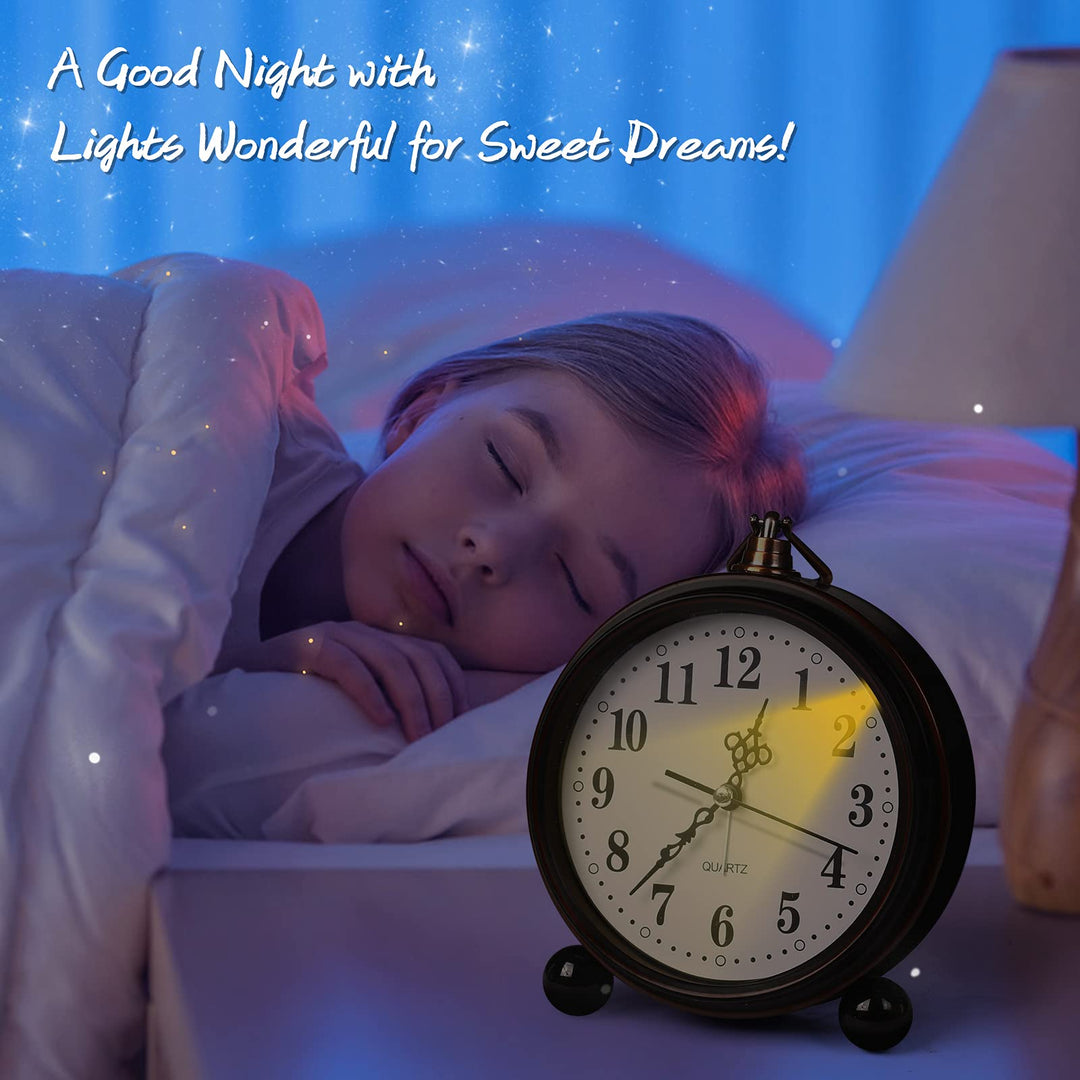 Battery Alarm Clock,Night Light,Vintage Hangable Super Silent Non Ticking Analog Table Clock for Bedroom Bedside, Desk,Shelf