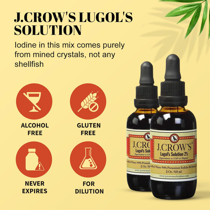 J.CROW'S® Lugol's Solution of Iodine 2% 2 oz (3 Bottles) – Premium Potassium Iodide Liquid, Supports Thyroid & Energy, Gluten &, Alcohol-Free Natural Brine Extract, No Expiration