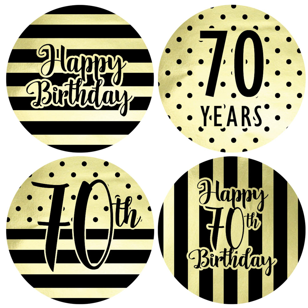 Black and Gold 70th Birthday Favor Stickers, 1.75 in - Shiny Foil - 40 Labels