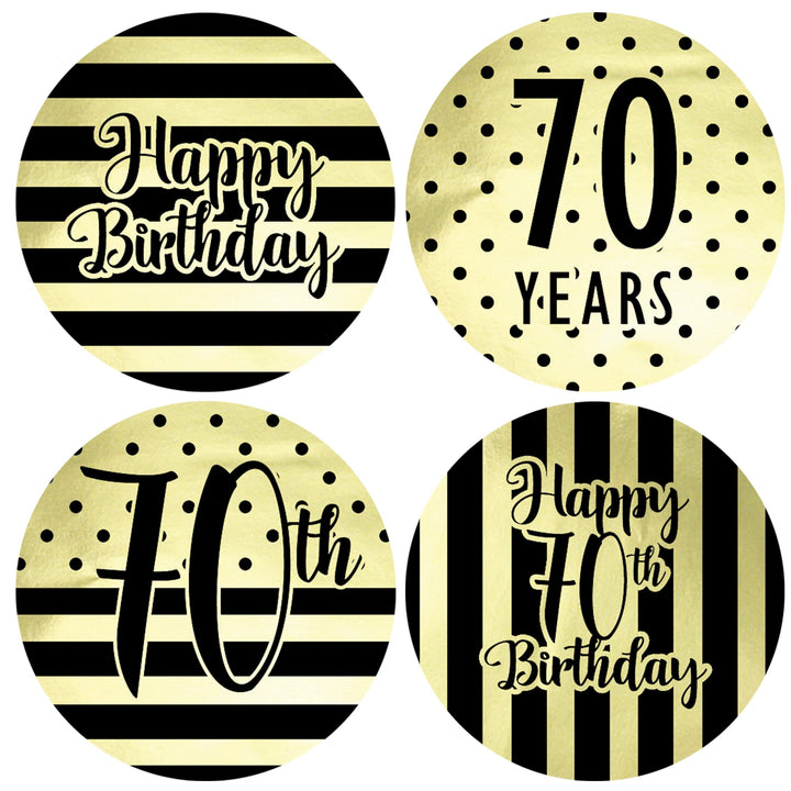 Black and Gold 70th Birthday Favor Stickers, 1.75 in - Shiny Foil - 40 Labels
