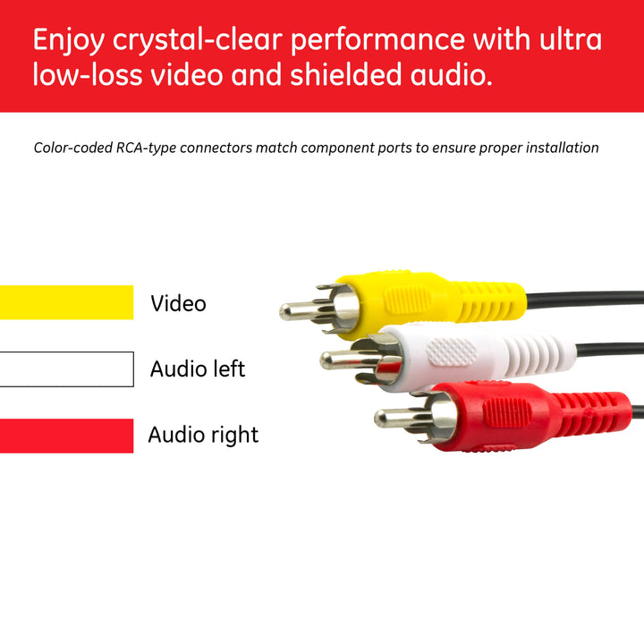 Composite Audio/ Video Cable, 6 ft. RCA Style Plugs 3-Male to 3-Male, Low Loss, for TV, VCR, DVD, Satellite, and Home Theater Receivers, 23216