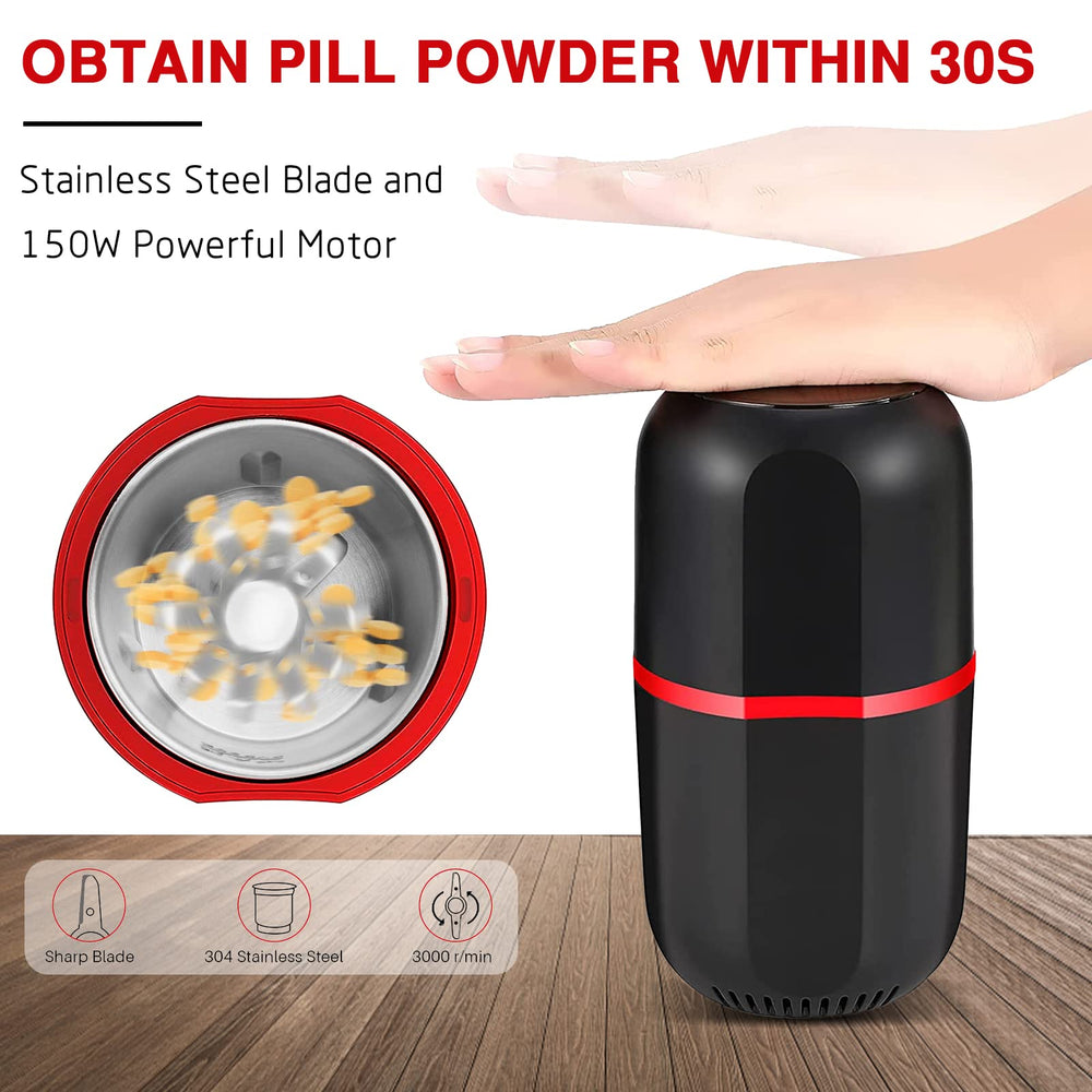 Electric Pill Crusher Grinder - Grind the Medication and Vitamin Tablets of Different Sizes into Fine Powder, Comes with Stainless Steel Blades to Crush Multiple Pills by Electric Pulverizer