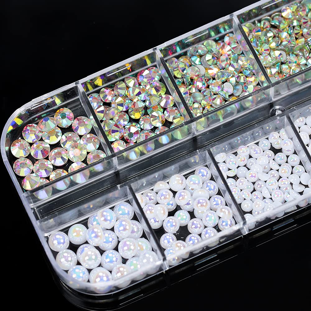 1 Box White AB Nail Pearls and Rhinestones for Nail Art Decoration, Mixed Size Flatback Glass Nail Rhinestones Crystals Gems Acrylic Nail Pearls Nails Accessories Glitter Nail Supplies