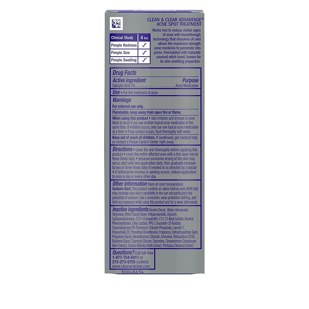 Clean & Clear Advantage Acne Spot Treatment, Oil Free Acne Treatment with Salicylic Acid, Gel Pimple Cream for Adults and Teens, Witch Hazel & Salicylic Acid Medication.75 oz (Pack of 4)