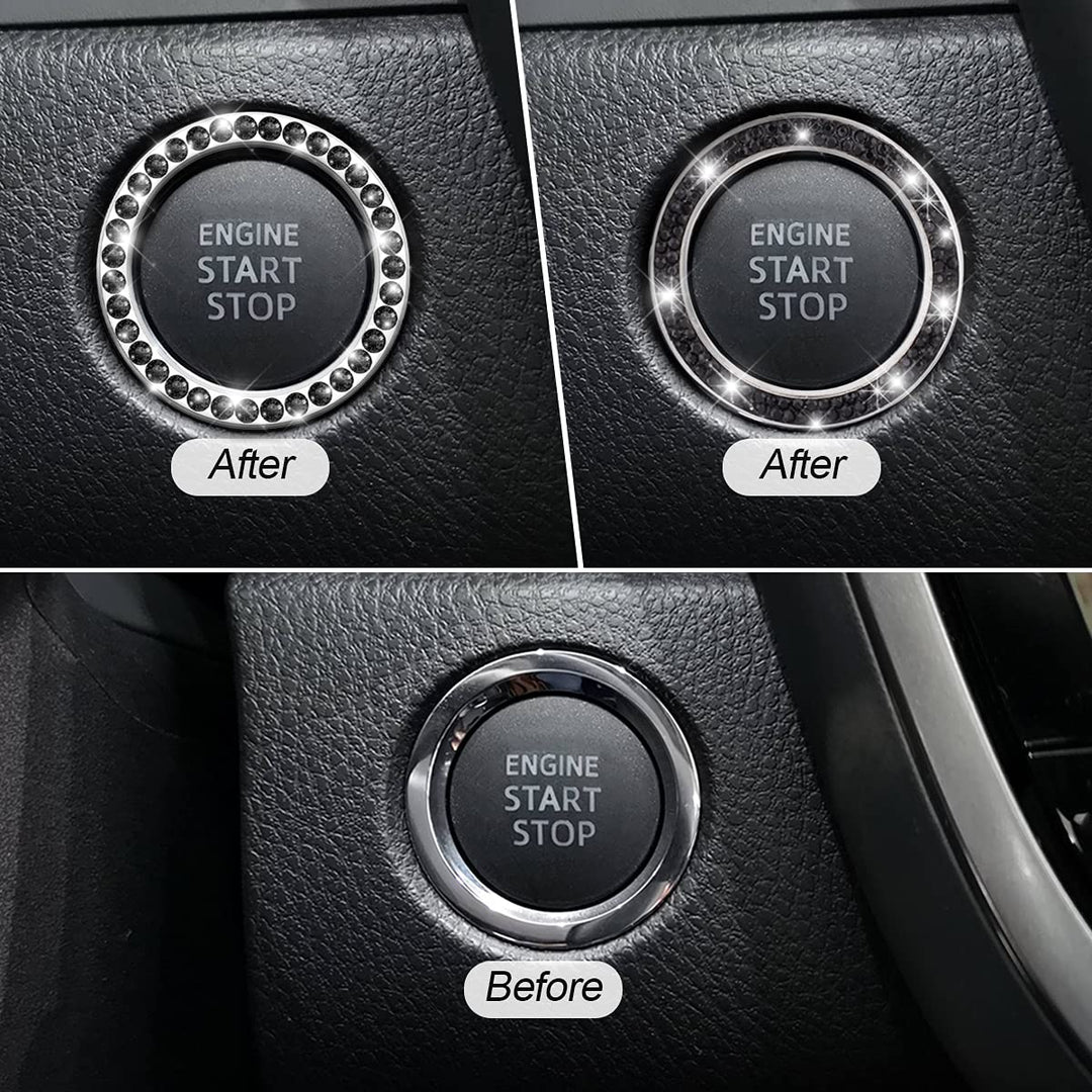 Car Bling Crystal Rhinestone Engine Start Ring Stickers, 1 Single Drainage Drill and 1 Double Drainage Drill Car Start Button Cover, Key Ignition Knob Bling Ring Decals, Bling Car Accessories(Black)
