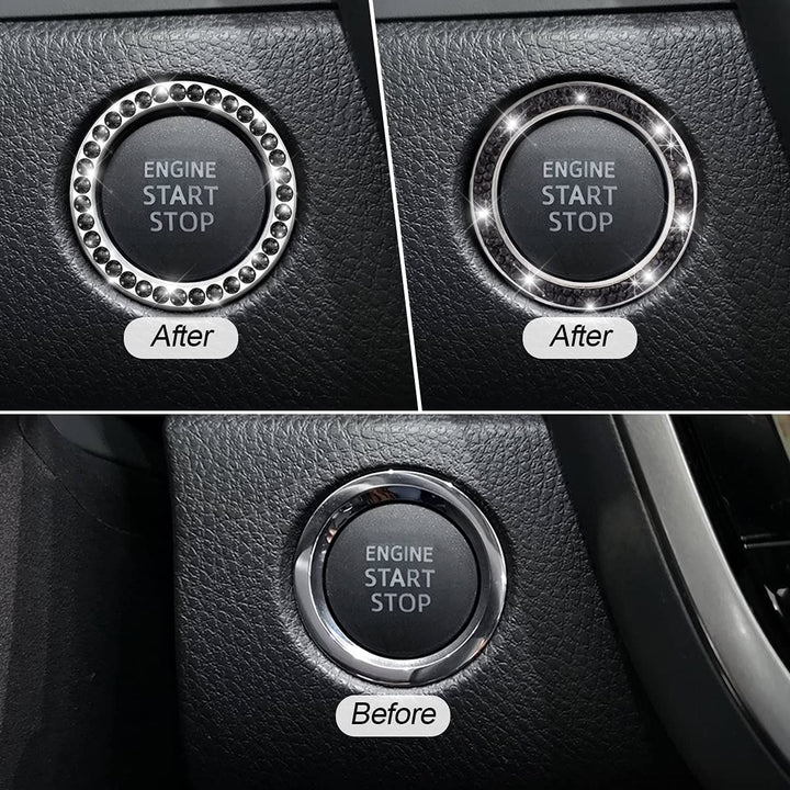 Car Bling Crystal Rhinestone Engine Start Ring Stickers, 1 Single Drainage Drill and 1 Double Drainage Drill Car Start Button Cover, Key Ignition Knob Bling Ring Decals, Bling Car Accessories(Black)