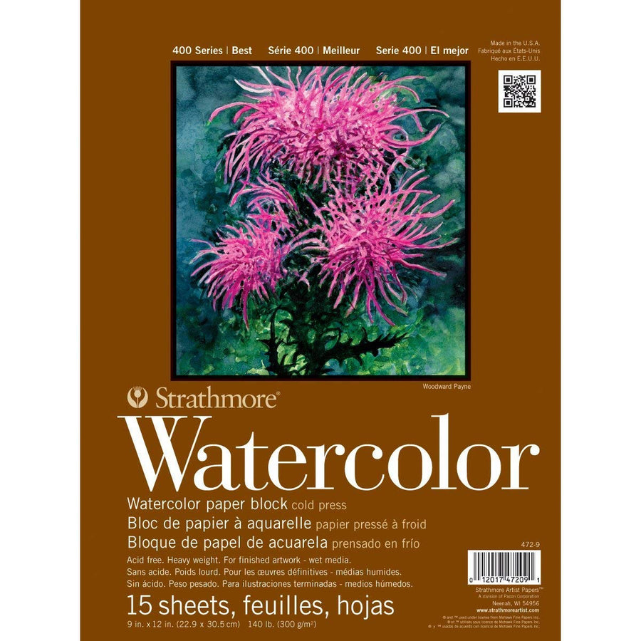 400 Series Watercolor Block, Cold Press, 9x12 Bound (4 Sides), 15 Sheets/Block, White