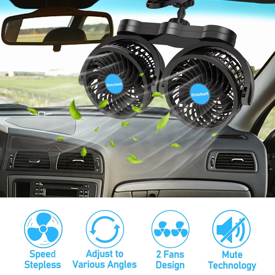 Dual Head 4 Inches Car Fan, 12v Adjustable Clip Fan with Stepless Speed Regulation, 360° Rotatable, Portable Car Cooler for Front/Rear Seat Passenger, SUV, RV