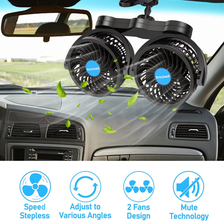 Dual Head 4 Inches Car Fan, 12v Adjustable Clip Fan with Stepless Speed Regulation, 360° Rotatable, Portable Car Cooler for Front/Rear Seat Passenger, SUV, RV