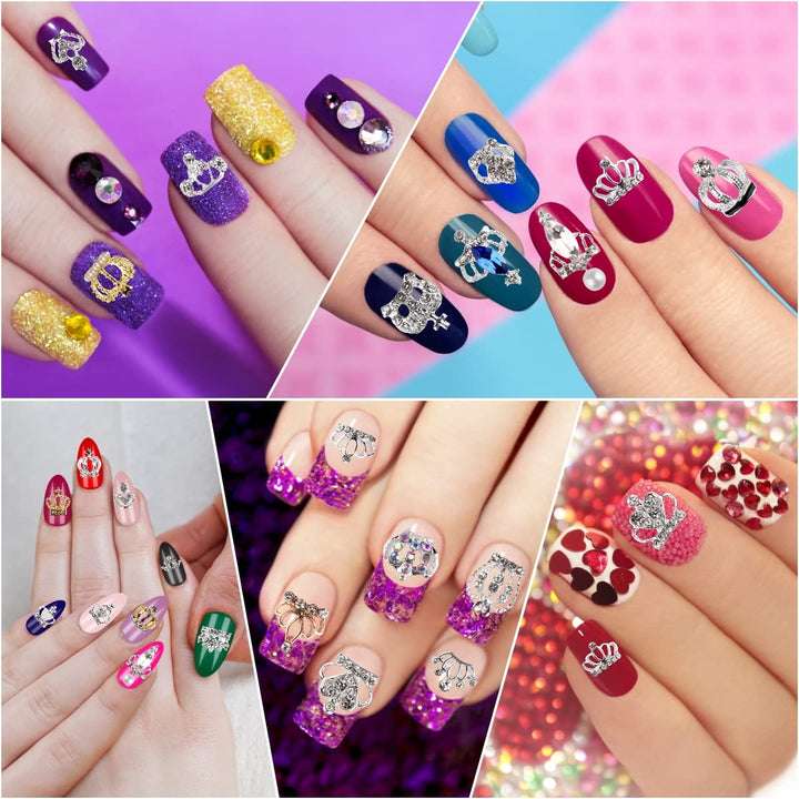 Charms Metal Alloy Silver Gold 3D Nail Art Bow Crown Elk Butterfly Rhinestone Crystal Diamonds Nail Studs Manicure Jewelry for Crafts DIY Nail Art Tip (Crown)