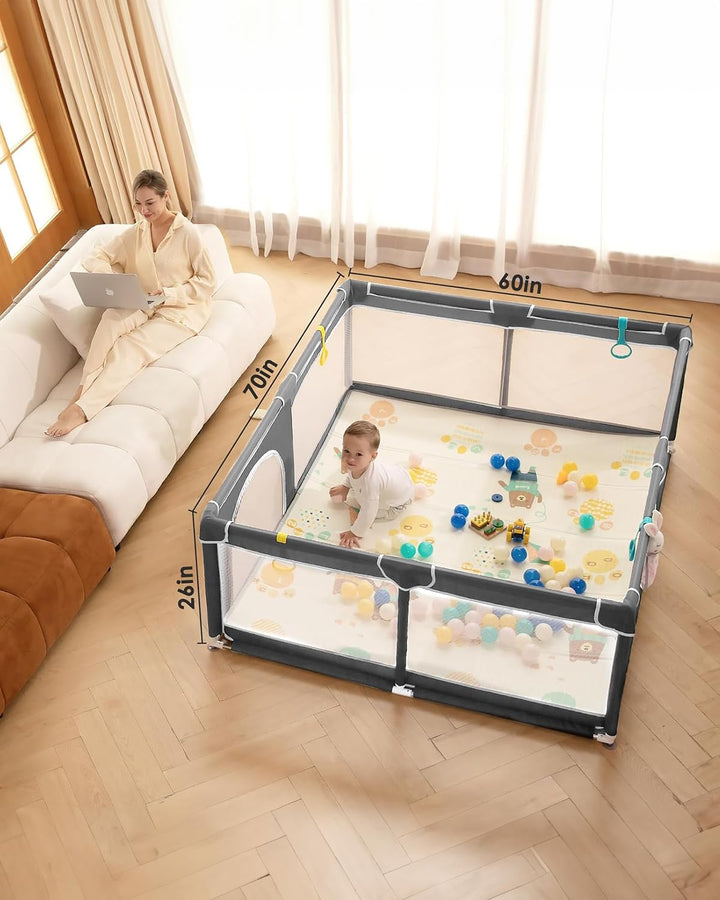 Baby Playpen,71x59 Extra Large Baby Playard, Playpen for Babies with Gate, 0-6 to 12 Months Baby Activity Center, Sturdy Safety Playpen with Soft Mesh,Playpen for Toddlers(Gray)