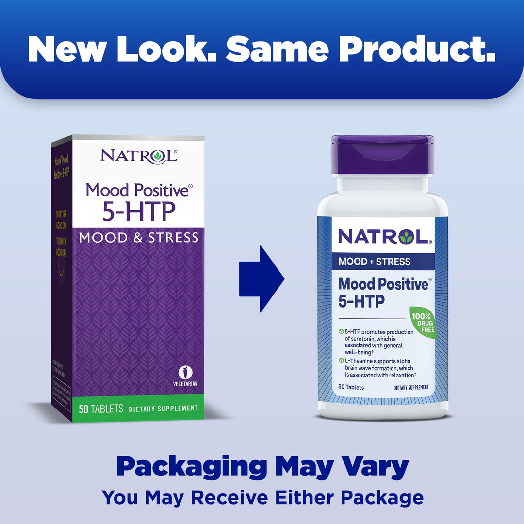 Mood Positive 5-HTP 50mg With L-Theanine, Vitamin B6, Vitamin B12 and Folate, Dietary Supplement Helps Support a Positive Mood, 50 Tablets, 25-50 Day Supply