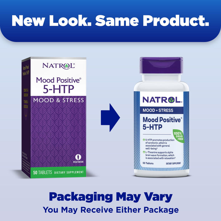 Mood Positive 5-HTP 50mg With L-Theanine, Vitamin B6, Vitamin B12 and Folate, Dietary Supplement Helps Support a Positive Mood, 50 Tablets, 25-50 Day Supply