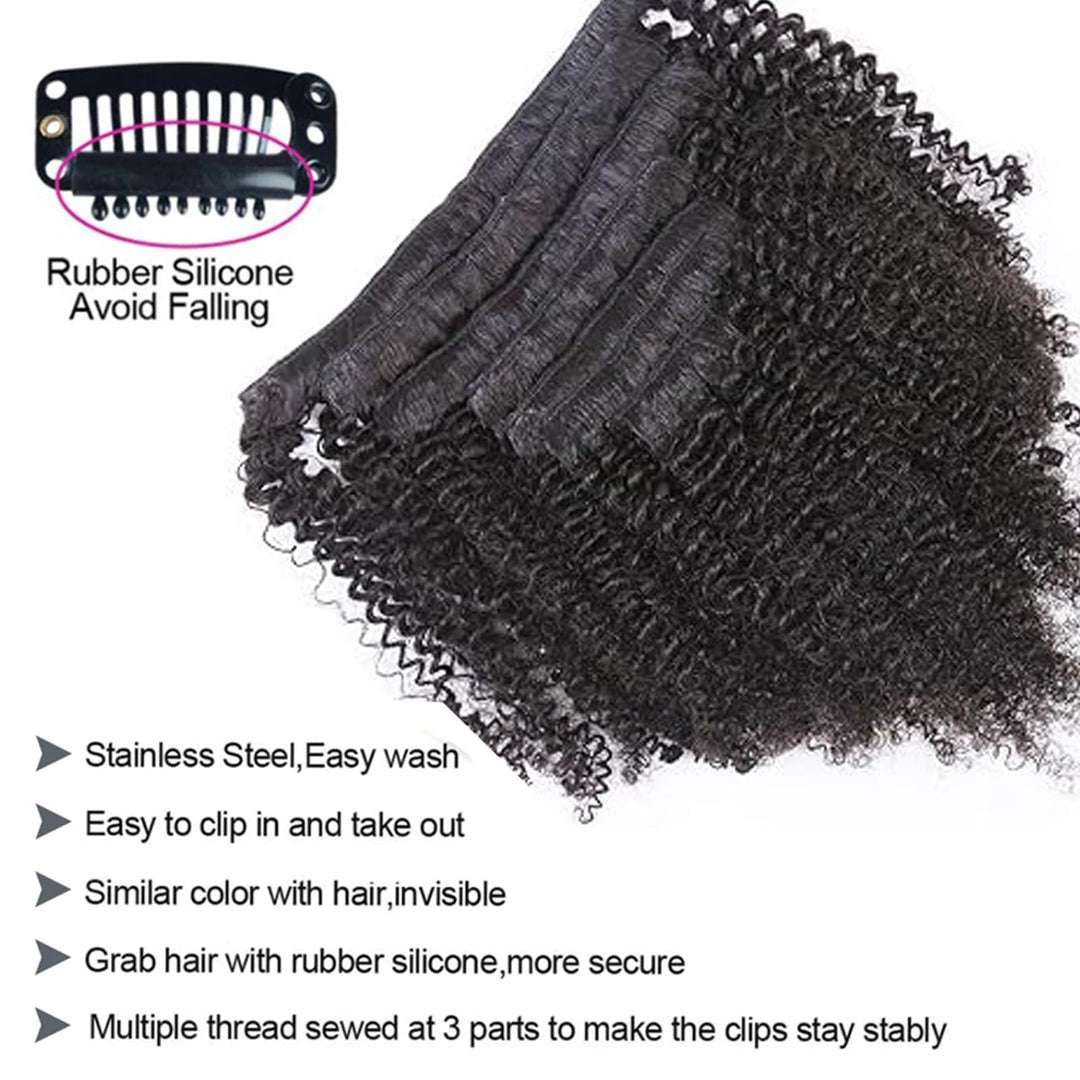 Afro Kinky Curly Hair Clip In Human Hair Extensions3A/ 3B /3C 100% Human Natural Black Color Hair Clip Ins Full Head Brazilian Virgin Remy Hair 8PC/Set 100G for Black Women (16INCH/40CM)