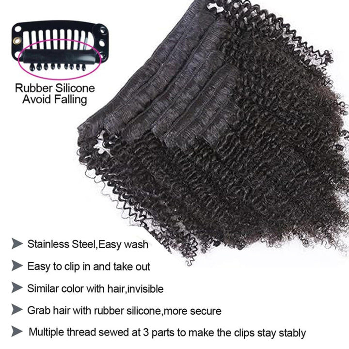 Afro Kinky Curly Hair Clip In Human Hair Extensions3A/ 3B /3C 100% Human Natural Black Color Hair Clip Ins Full Head Brazilian Virgin Remy Hair 8PC/Set 100G for Black Women (16INCH/40CM)