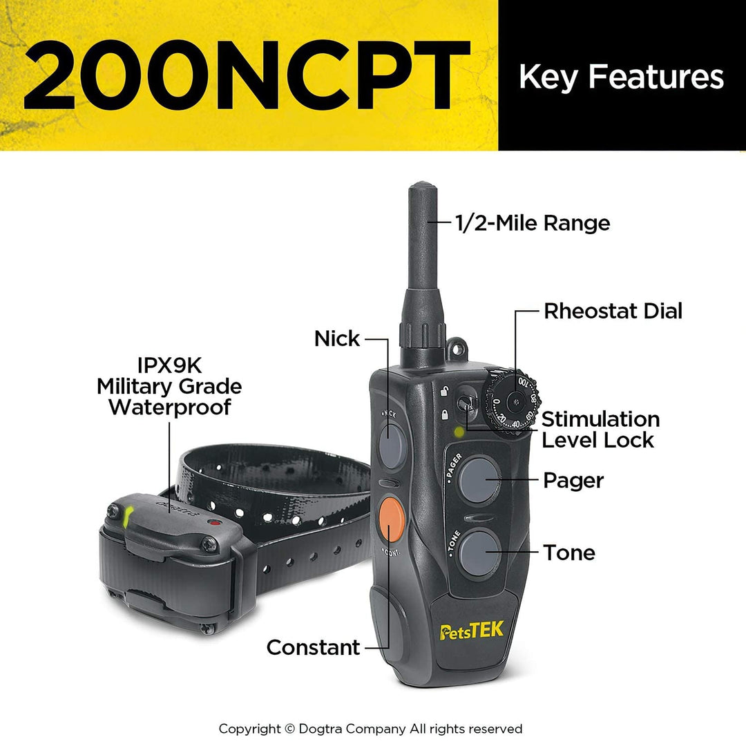 200NCPT Electronic Dog Training Collar with Remote for Small Dogs to Large Dogs - 2640 ft Range, Vibration, Tone, 100 Stimulation Levels, Safety Lock, Waterproof, Rechargeable, PetsTEK Edition